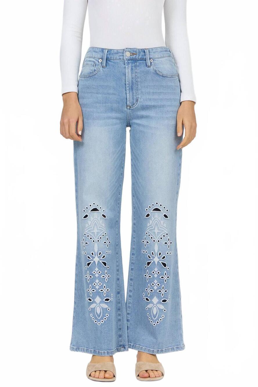 NEW DEAR JOHN DENIM fiona embroidered wide leg jeans in crystal chalk embroidery